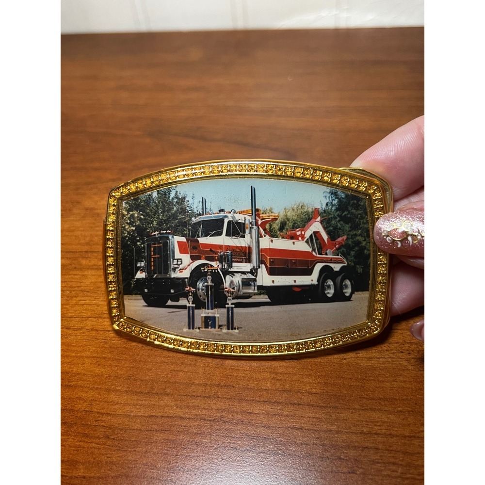 Vintage Alumaline BB-317 Tow Truck Wrecker Photo Belt Buckle Trucker 4108